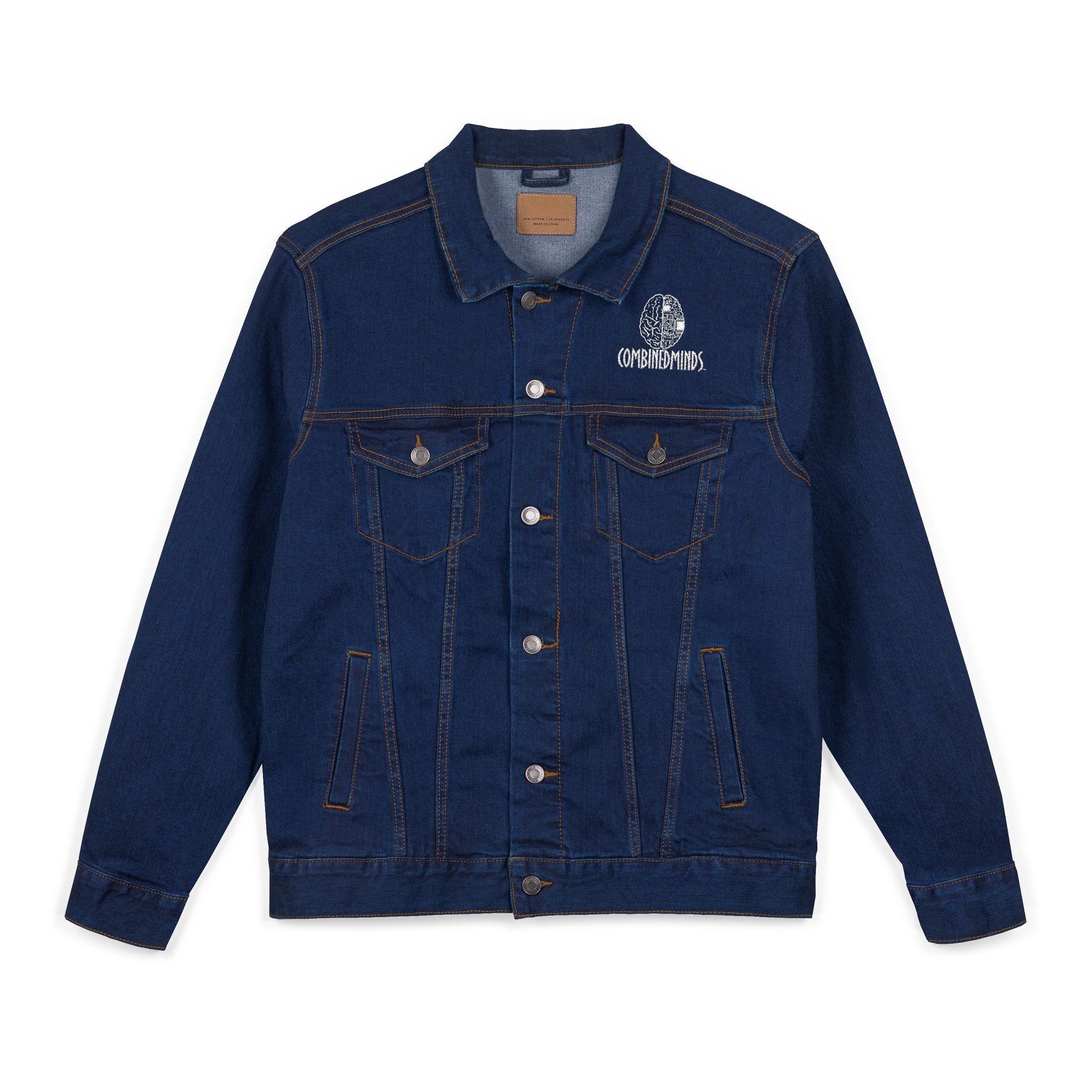 Embroidery CombinedMinds Unisex Denim Jacket with White Logo, Casual Style, Streetwear