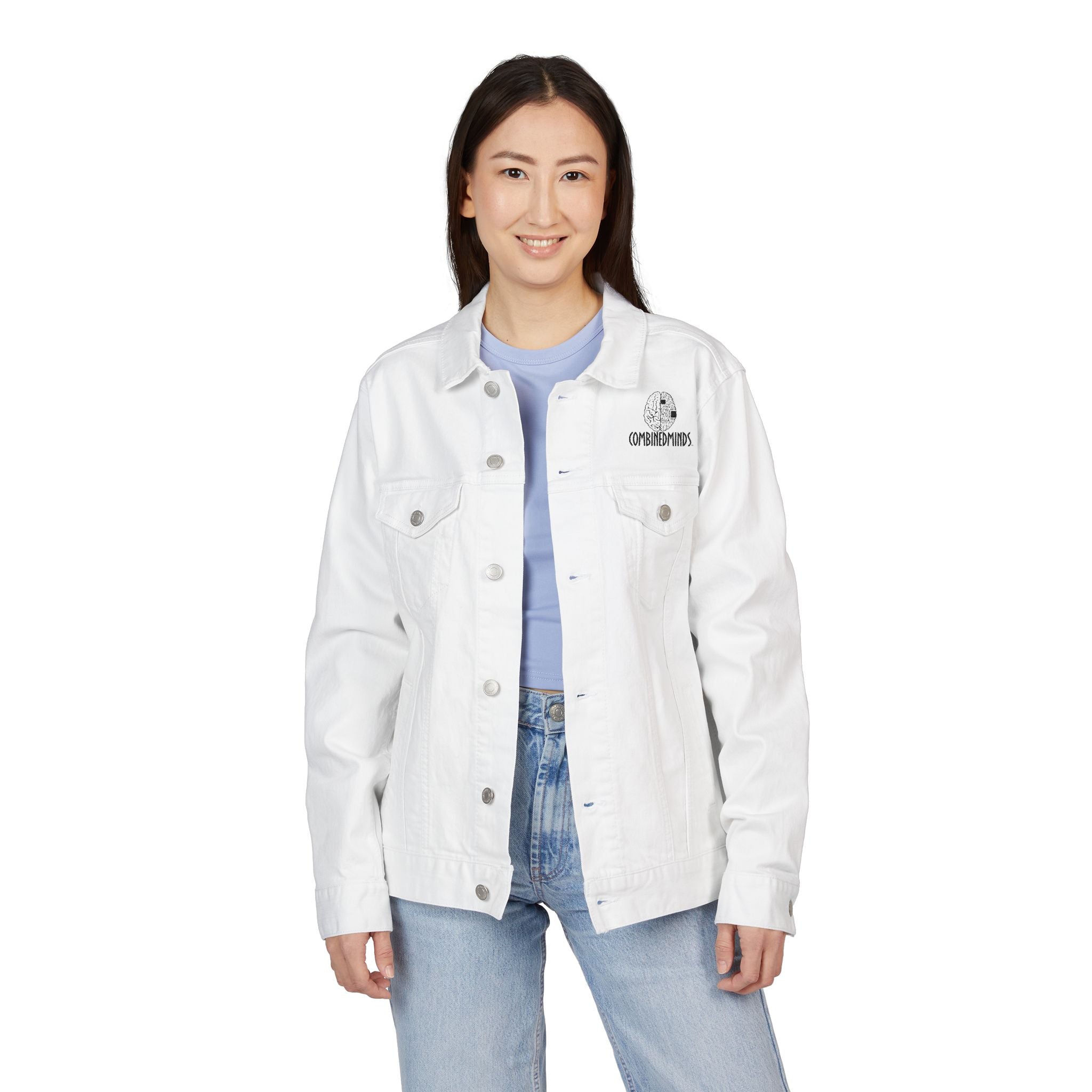 Embroidery CombinedMinds Unisex Denim Jacket with Black Logo, Casual Style, Streetwear
