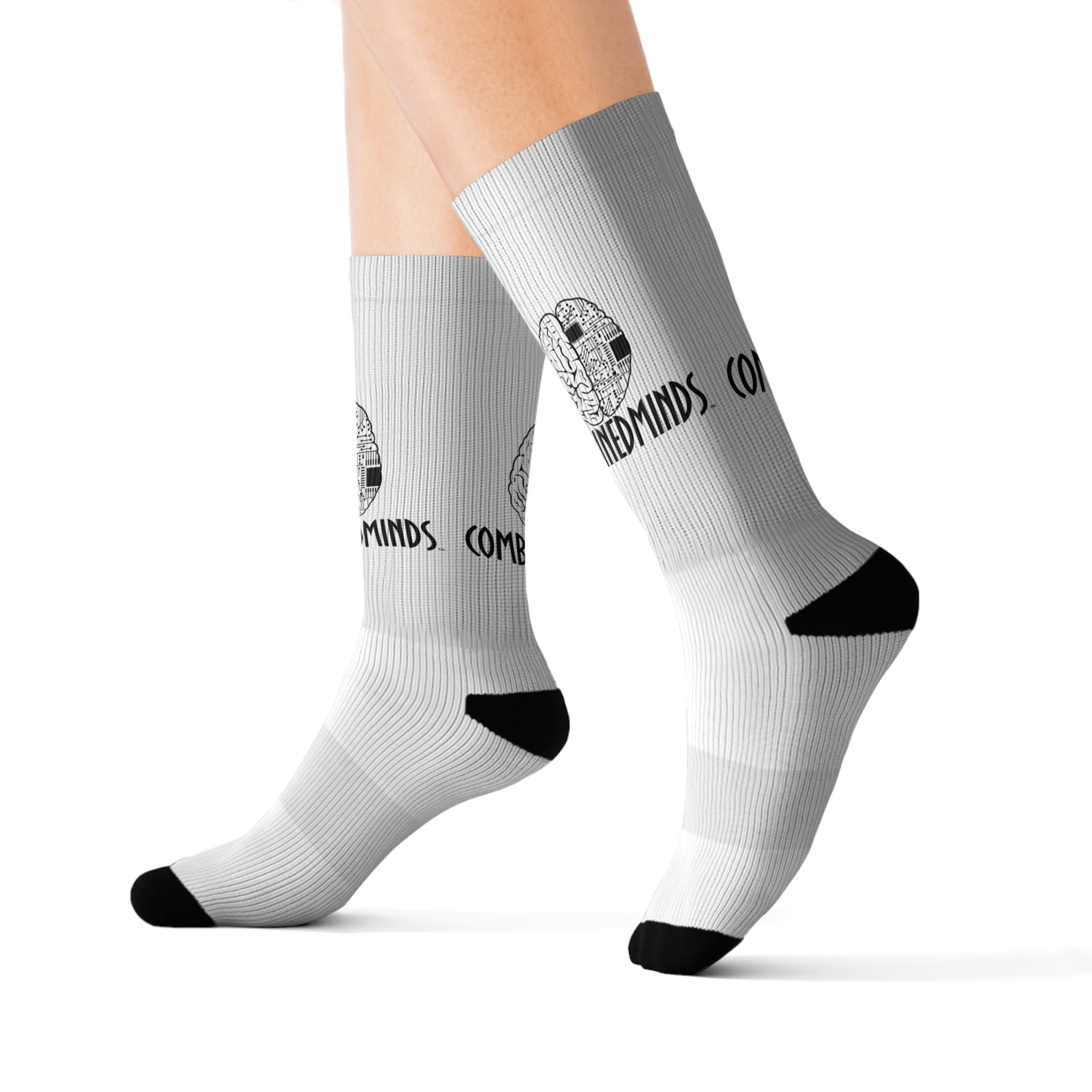 CombinedMinds Sublimation Socks- White Black Logo