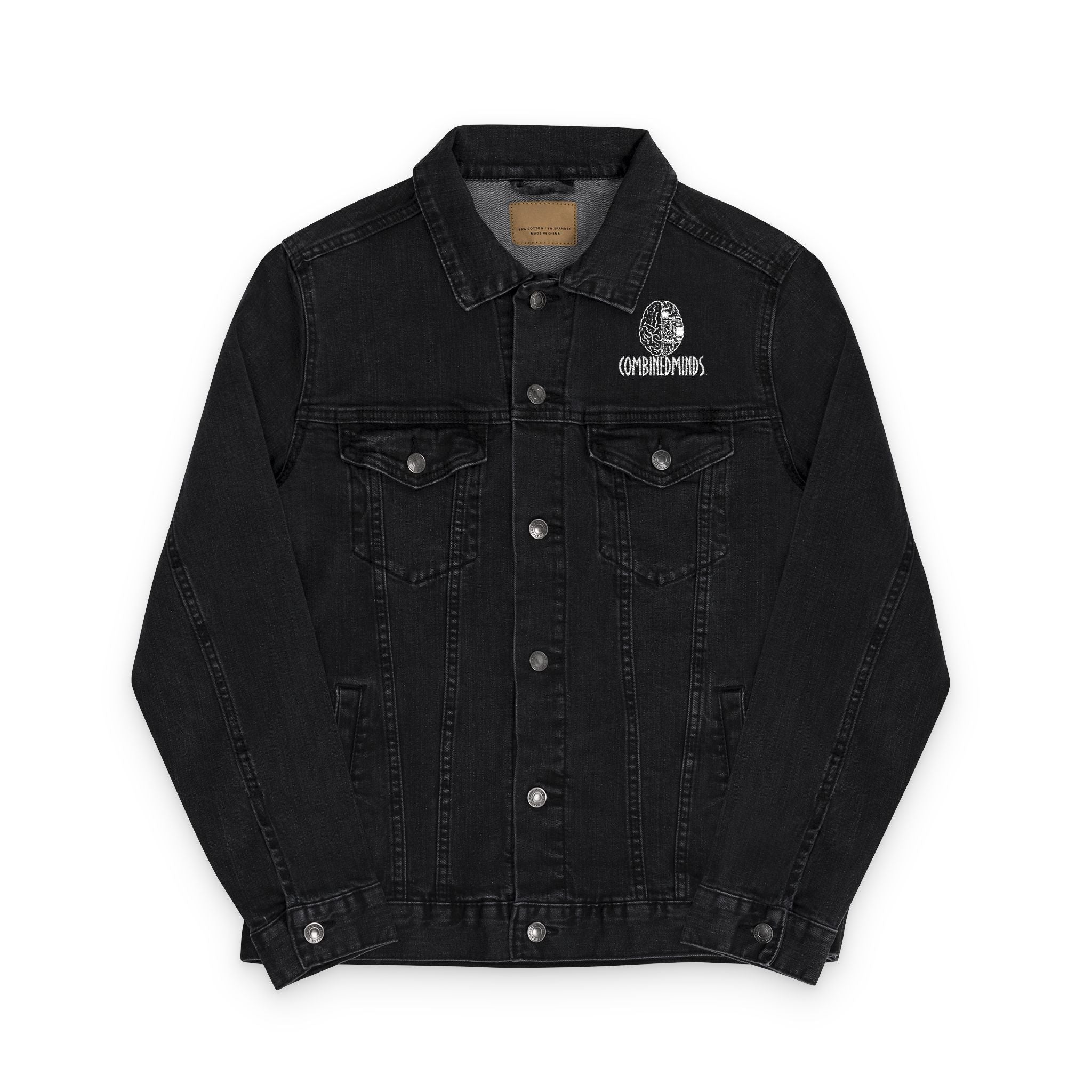 Embroidery CombinedMinds Unisex Denim Jacket with White Logo, Casual Style, Streetwear