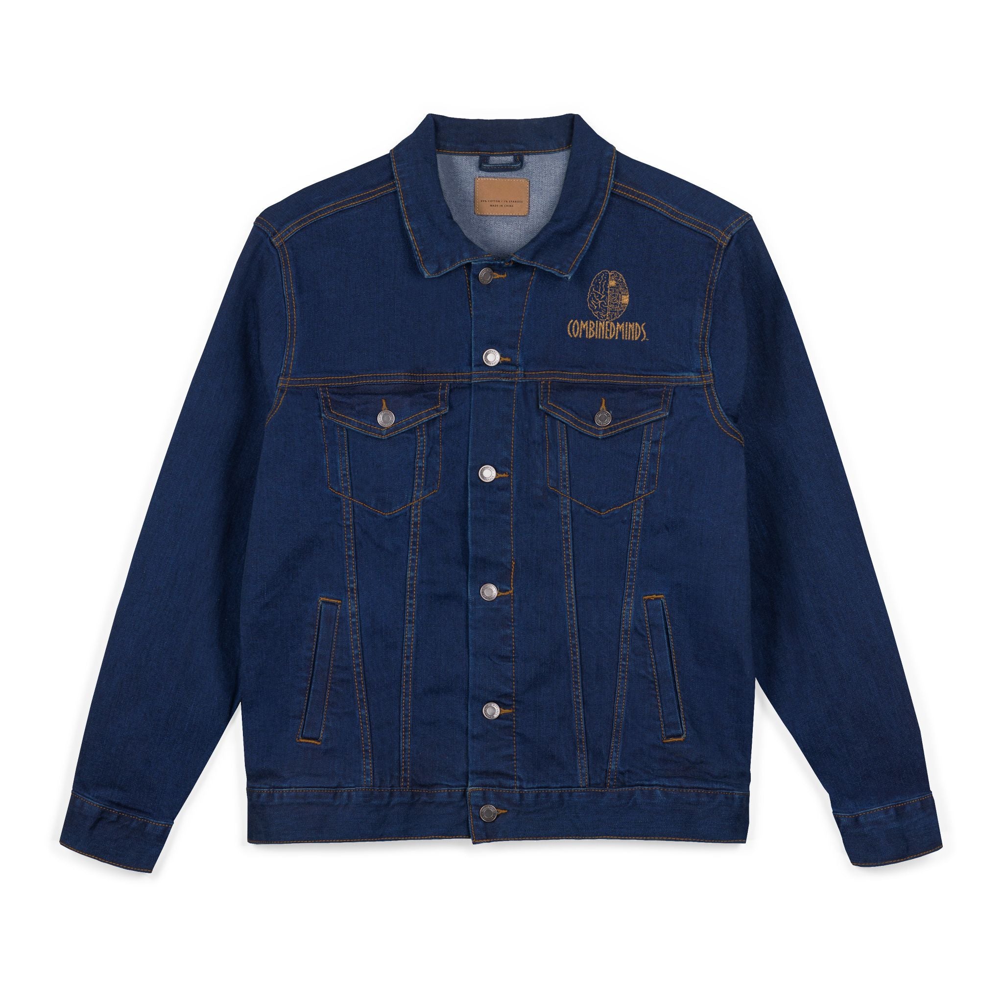 Embroidery CombinedMinds Unisex Denim Jacket with Brown Logo, Casual Style, Streetwear