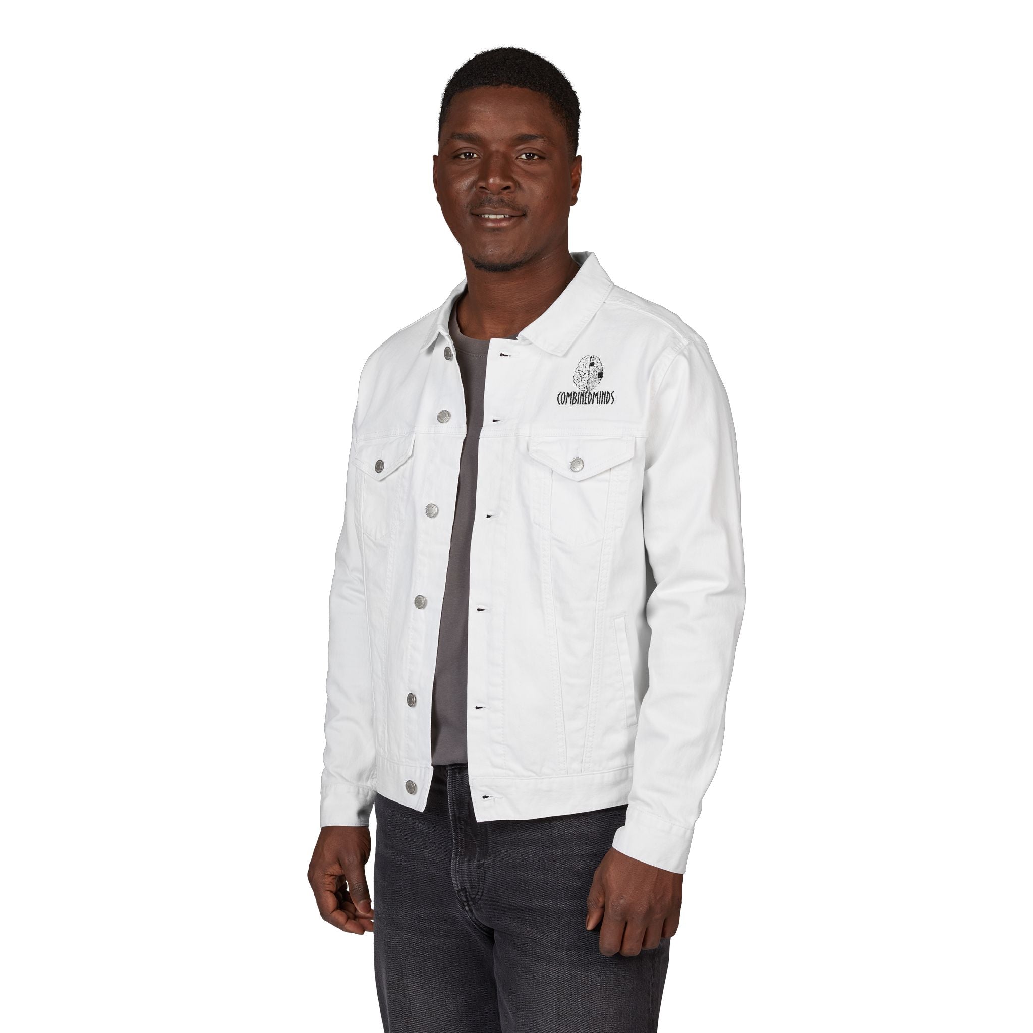 Embroidery CombinedMinds Unisex Denim Jacket with Black Logo, Casual Style, Streetwear