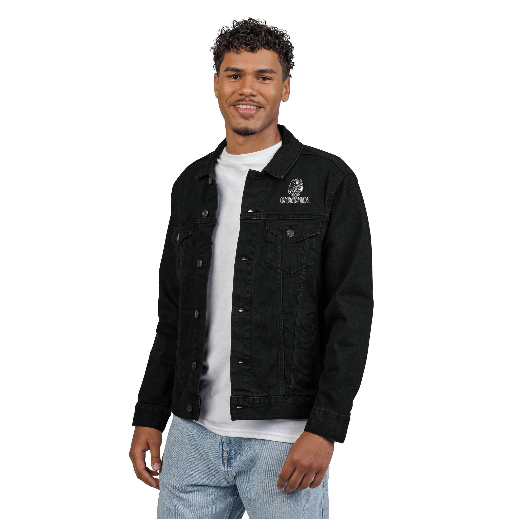 Embroidery CombinedMinds Unisex Denim Jacket with White Logo, Casual Style, Streetwear