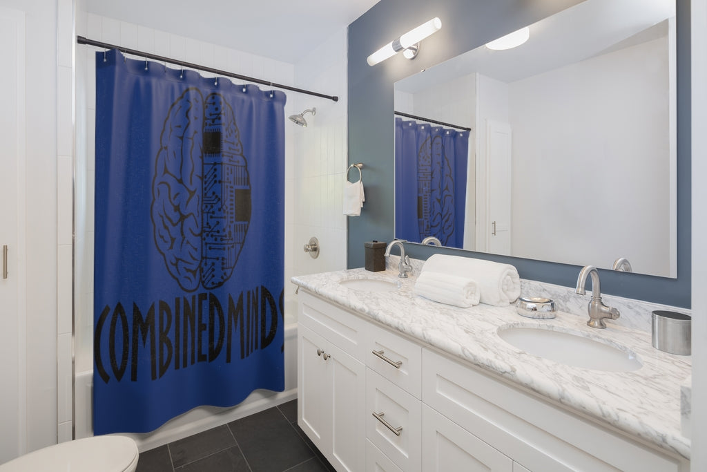 CombinedMinds Shower Curtains - Black Logo Royal Blue